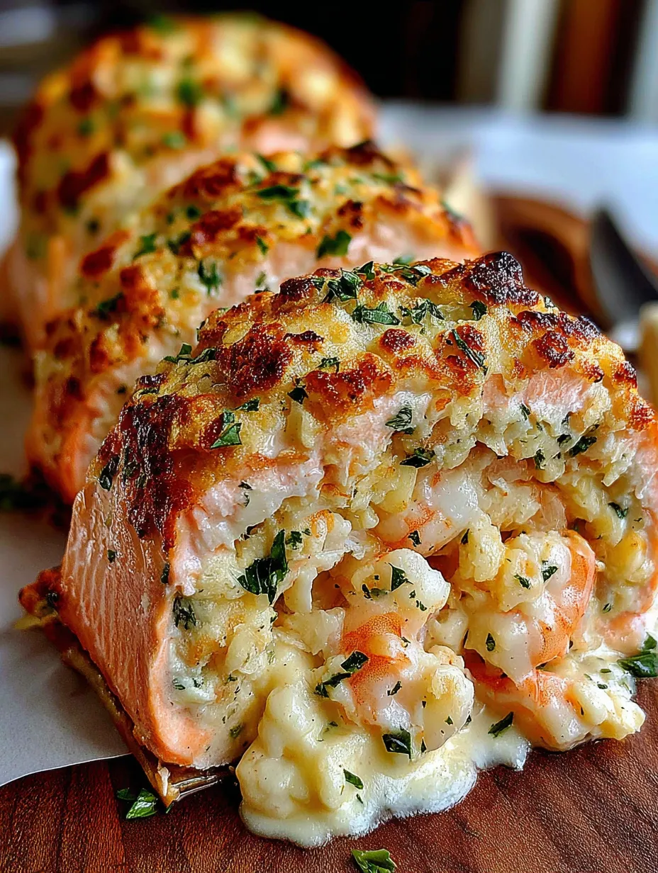 A stuffed salmon with crab and shrimp.