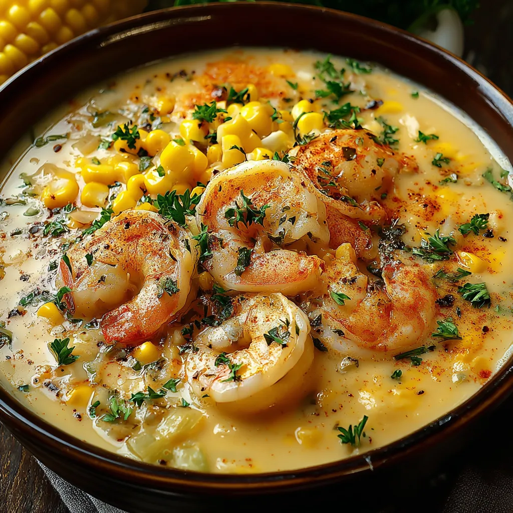 A bowl of shrimp and corn bisque.