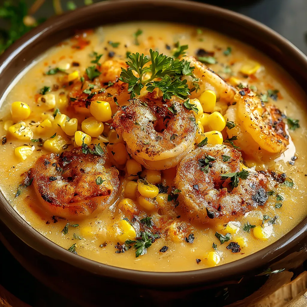 A bowl of shrimp and corn bisque.