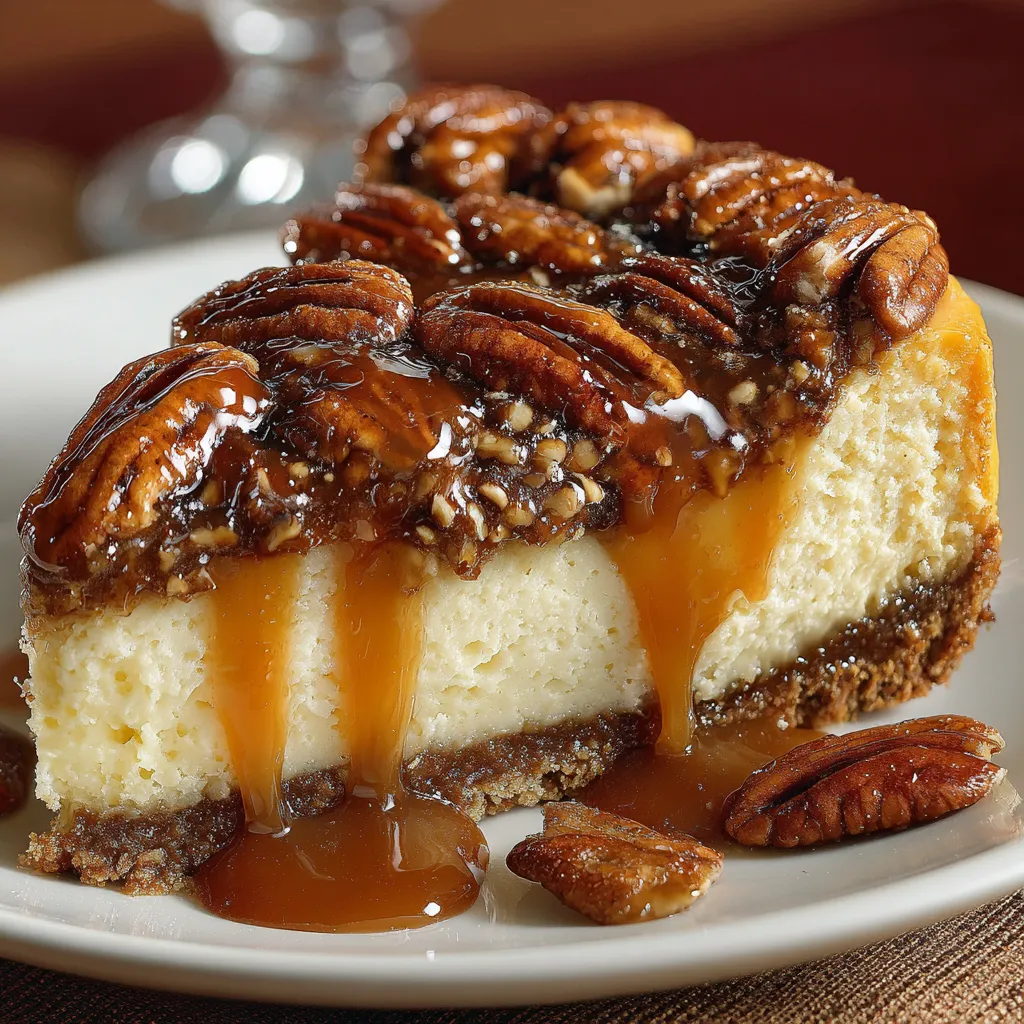 A slice of caramel pecan pie cheesecake.