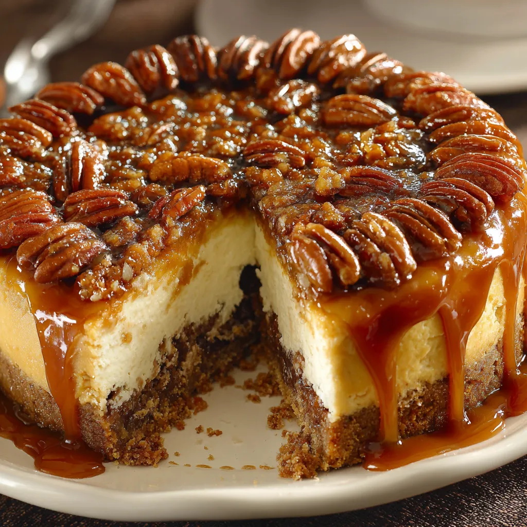 A slice of caramel pecan pie cheesecake.
