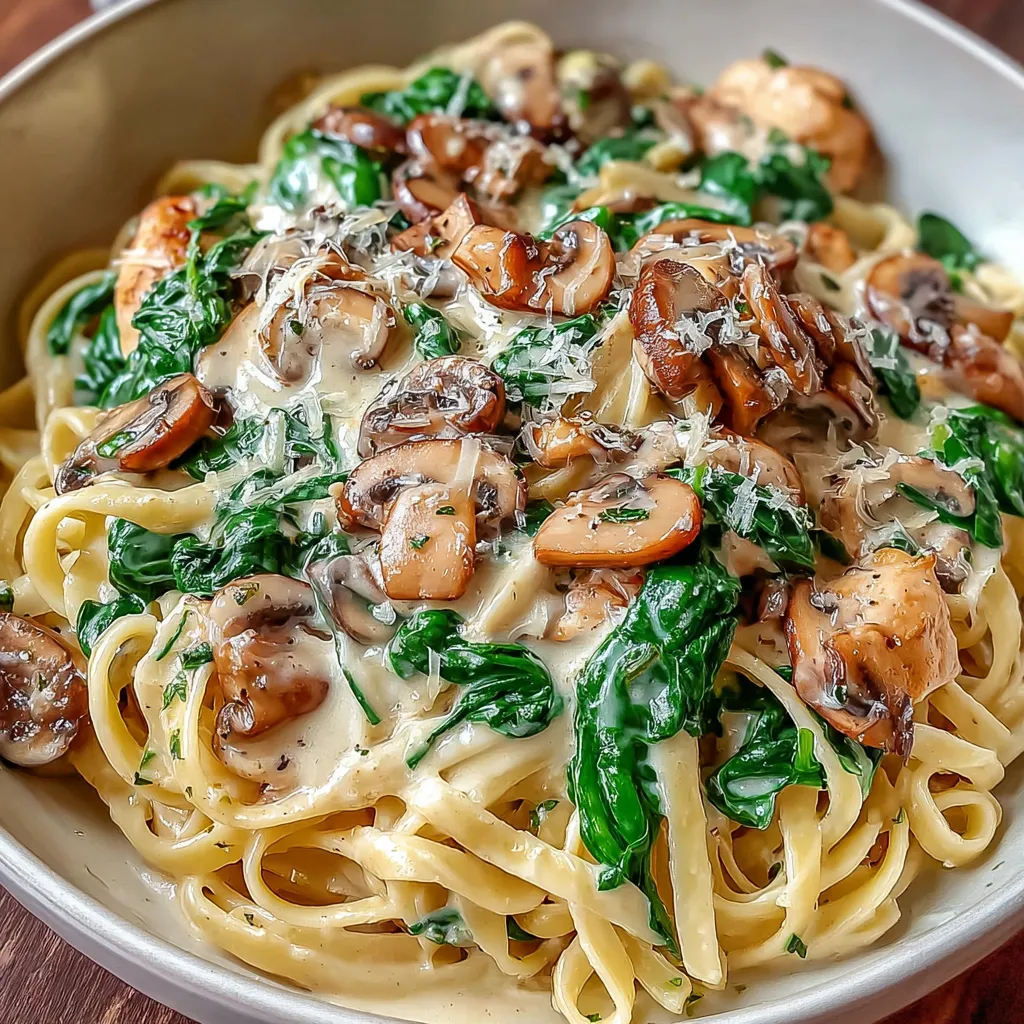A bowl of fettuccine alfredo with button mushrooms and spinach.