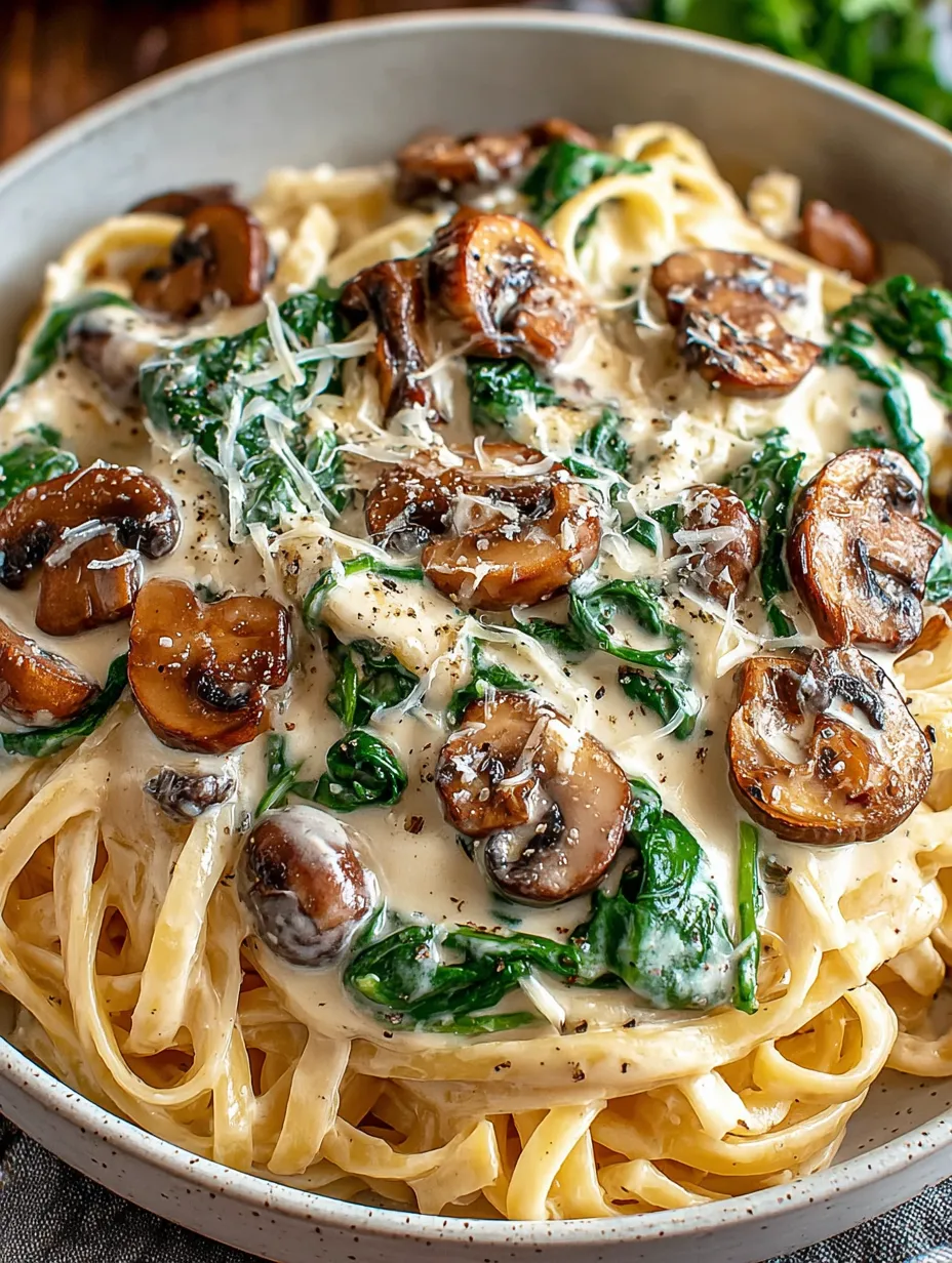 A dish of fettuccine alfredo with mushrooms and spinach.