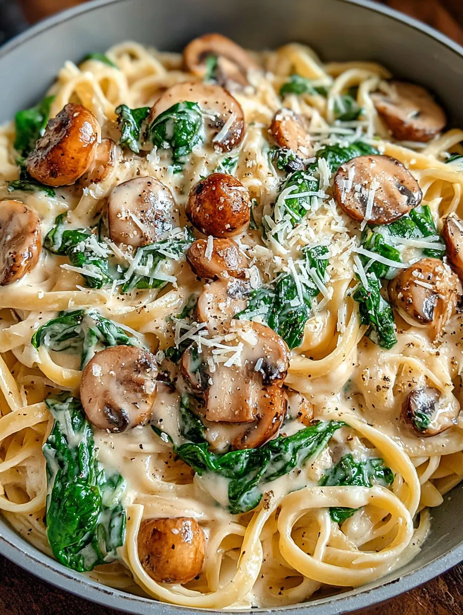 A bowl of pasta with mushrooms and spinach.
