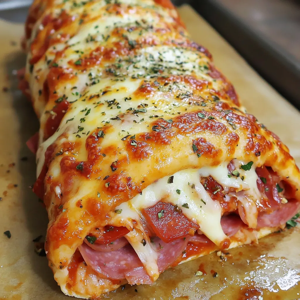 A slice of Italian Stromboli Pizza Roll.