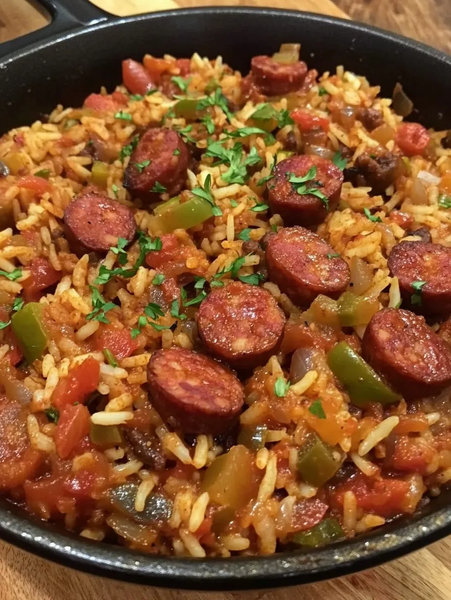 A dish of rice and sausage.