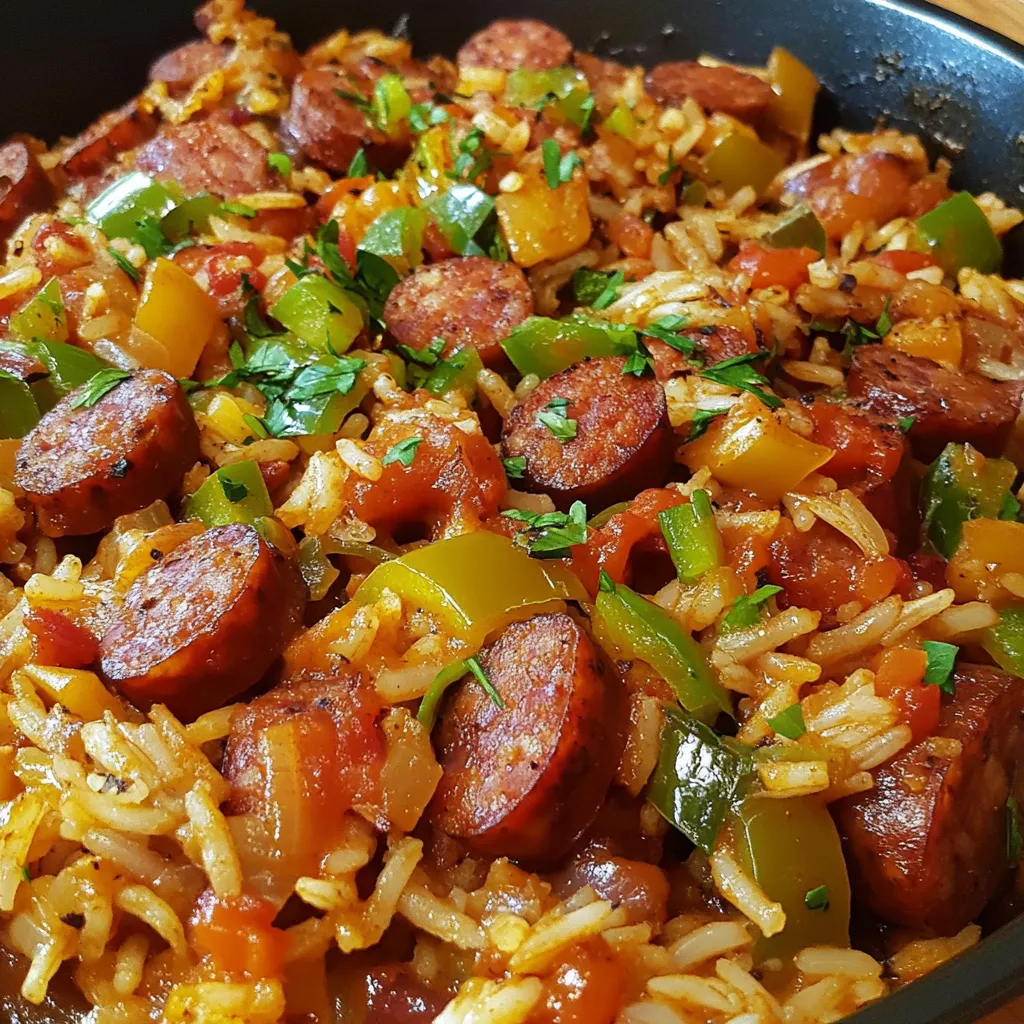 A dish of rice and sausage.
