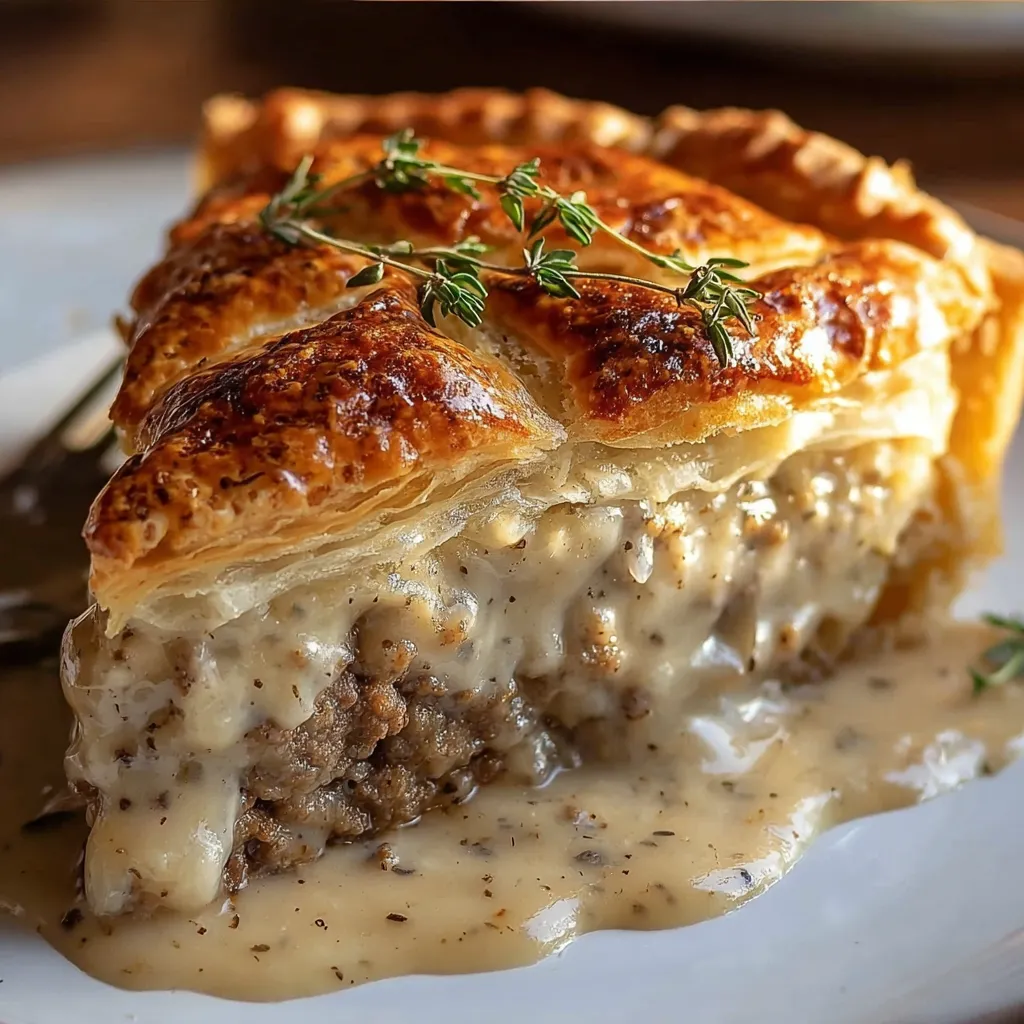A close up of a beef sausage, gravy, and biscuit pie.