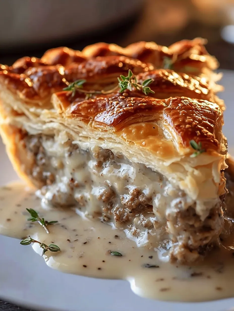 A beef sausage, gravy, and biscuit pie.