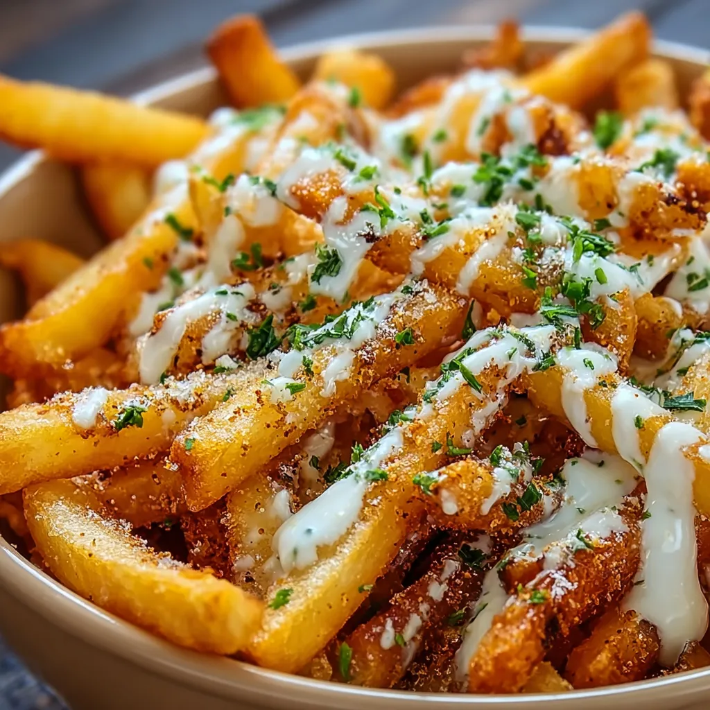 A bowl of fries with cheese and herbs.