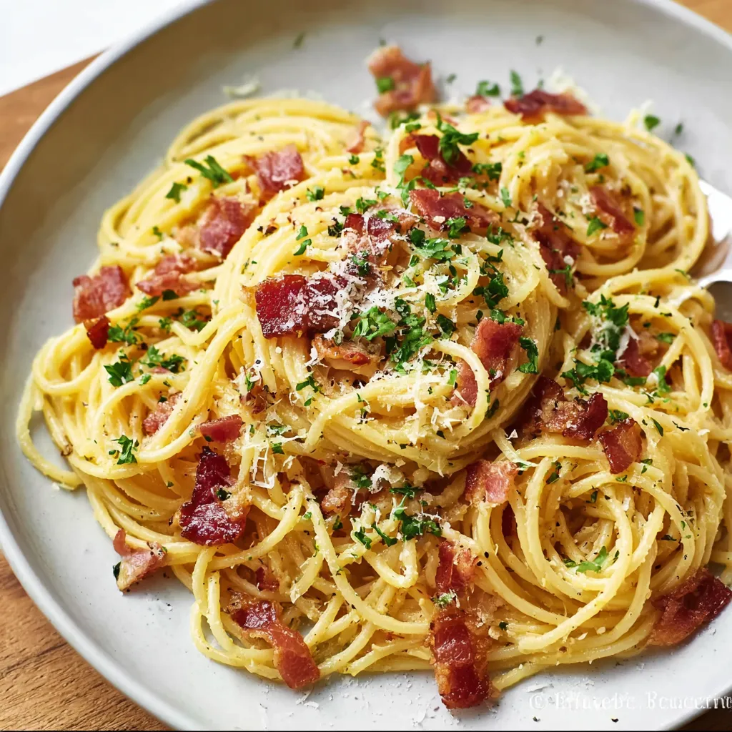 A plate of spaghetti carbonara with bacon and cheese.