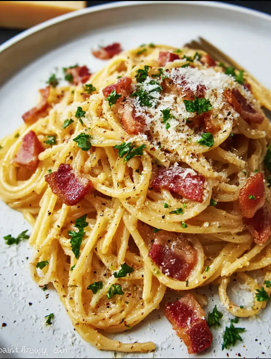 A plate of spaghetti carbonara with bacon and cheese.