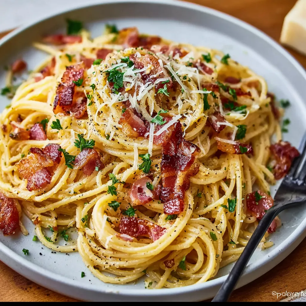 A plate of spaghetti carbonara with bacon and cheese.