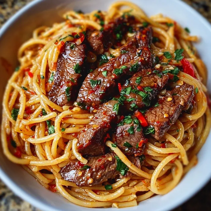 A bowl of pasta with meat and spices.