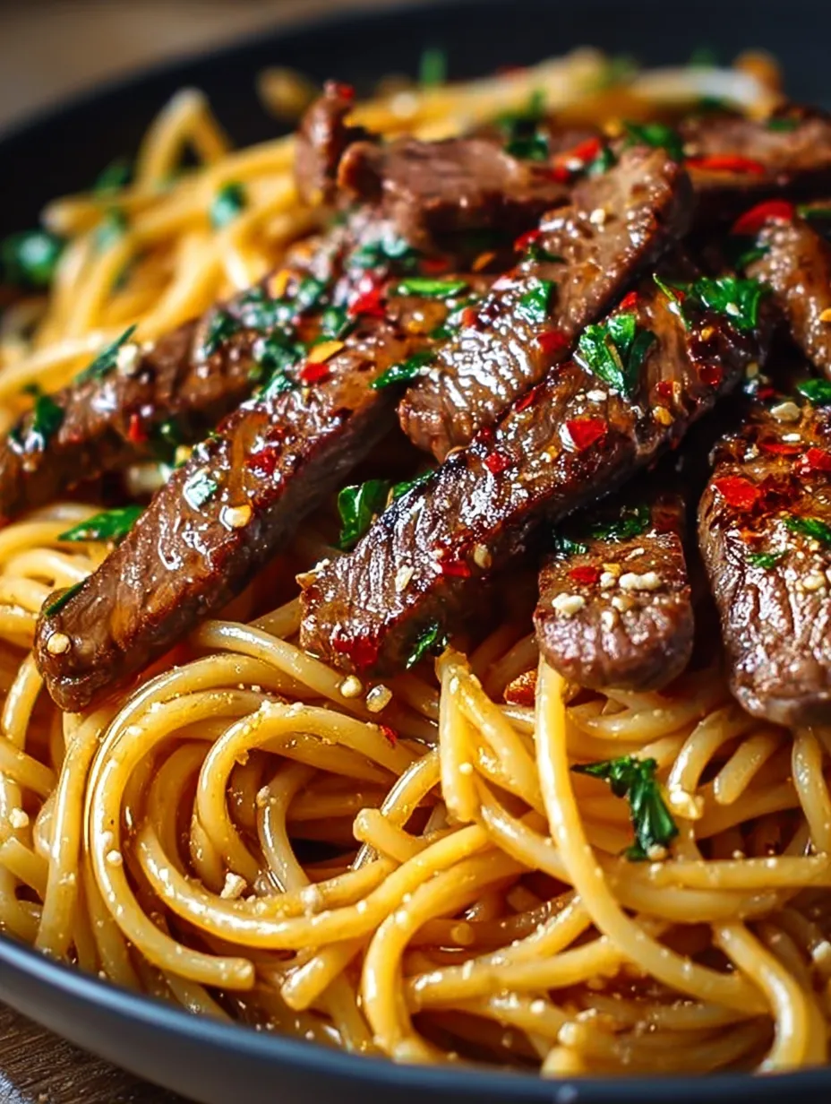 A plate of Sweet and Spicy Garlic Steak Pasta.