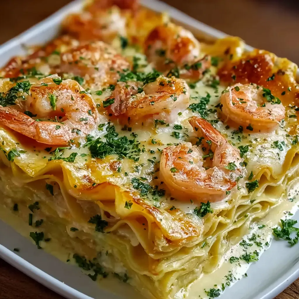 A plate of garlic butter shrimp scampi lasagna.