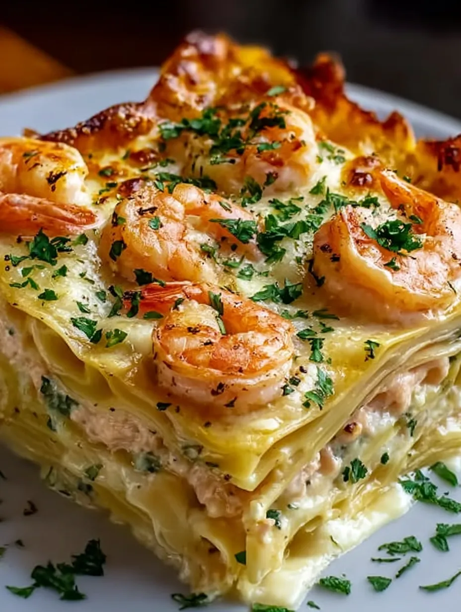 A close up of a garlic butter shrimp scampi lasagna.