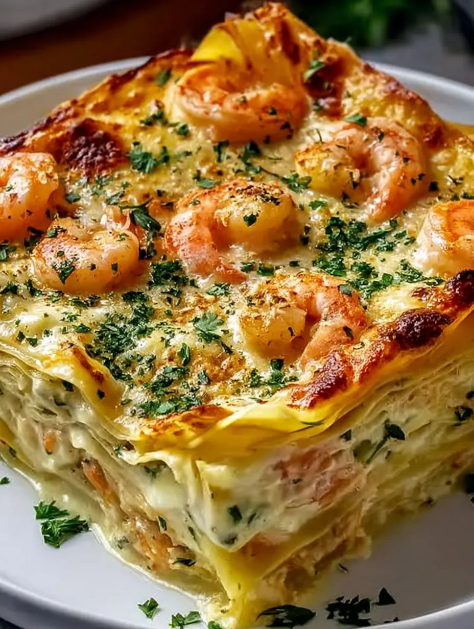 A dish of garlic butter shrimp scampi lasagna.