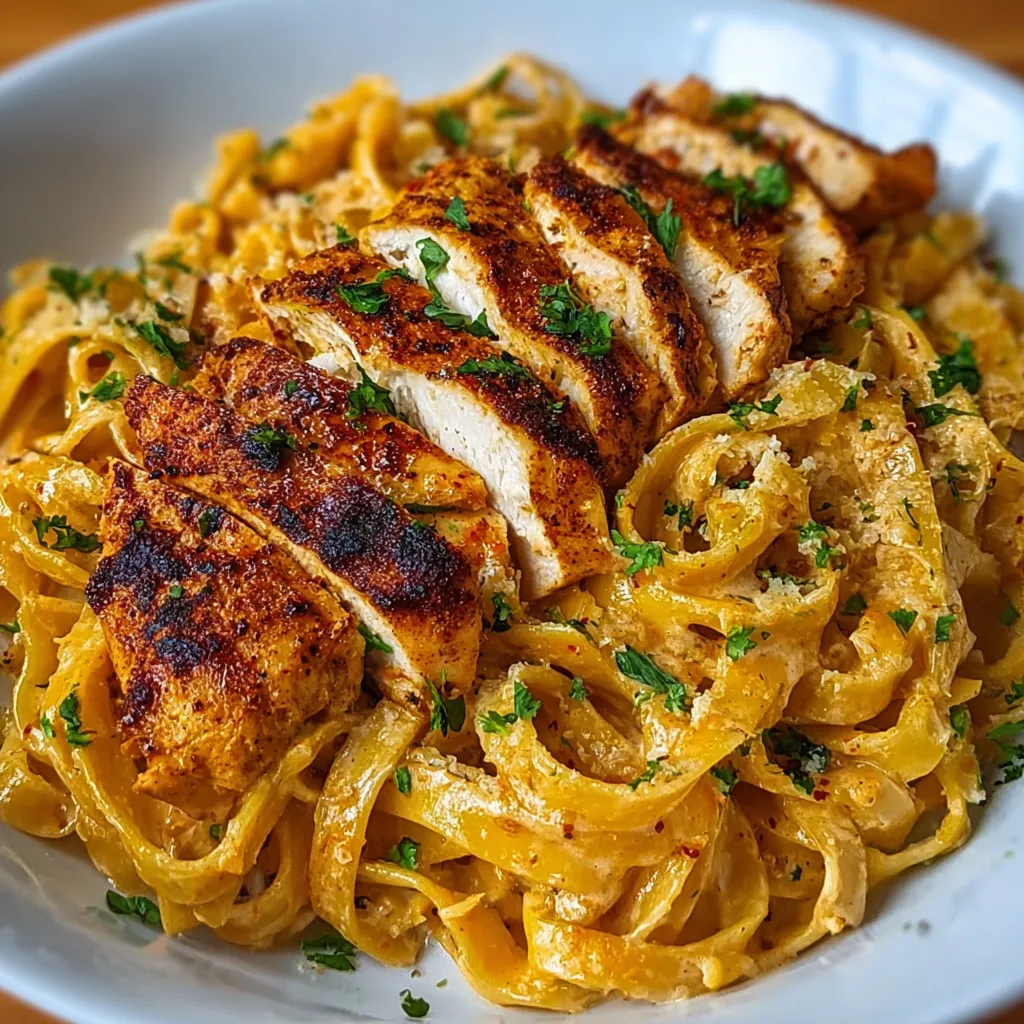 A bowl of spicy cajun chicken fettuccine.