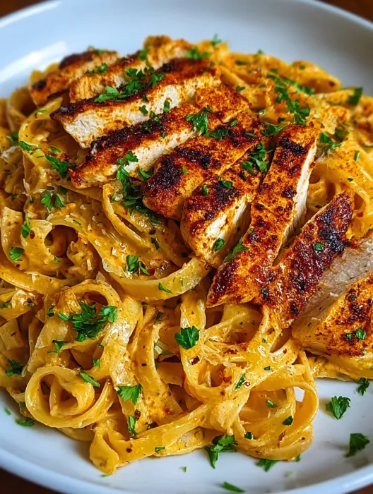 A plate of spicy cajun chicken fettuccine.