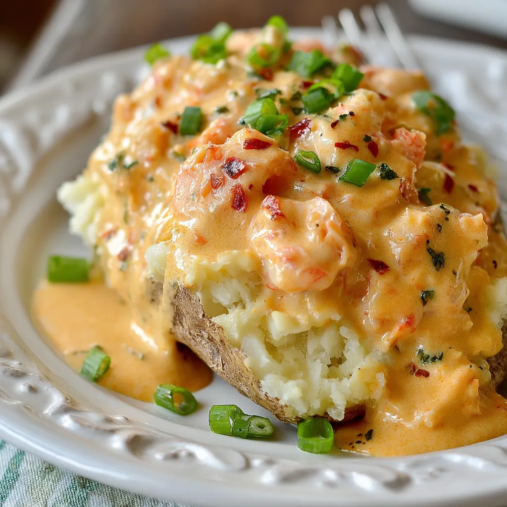 A plate of seafood stuffed potatoes.