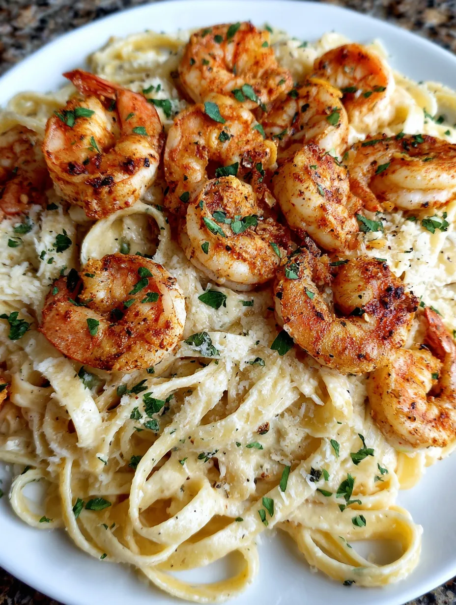 A plate of pasta with shrimp and herbs.