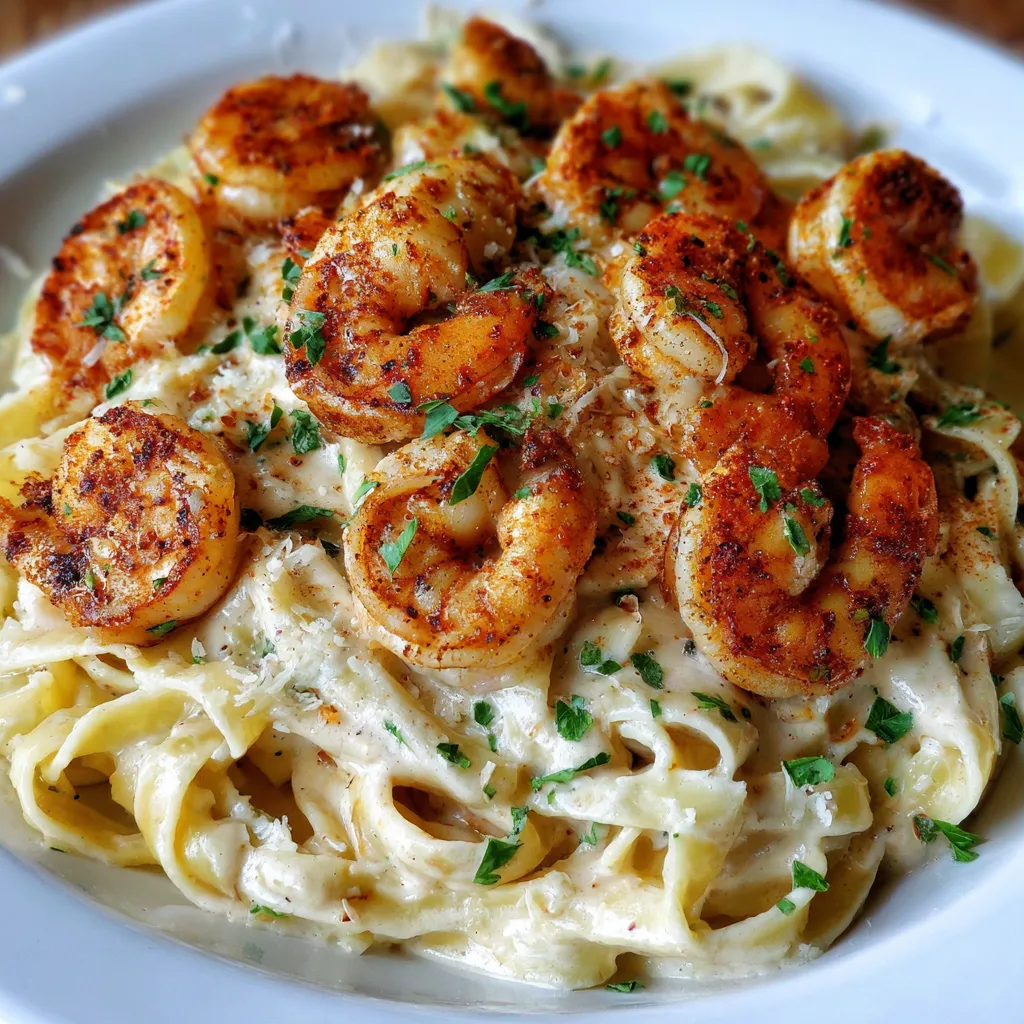 A plate of pasta with shrimp and cheese.