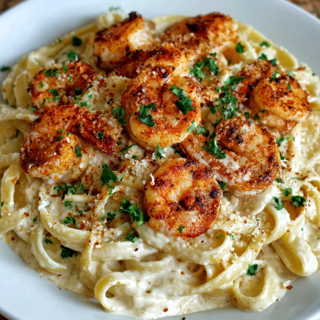 A plate of pasta with shrimp and cheese.