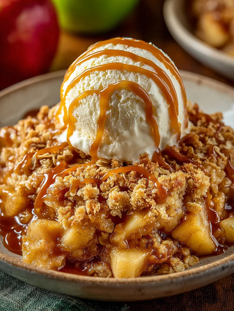A delicious dessert of apple crumble with ice cream on top.