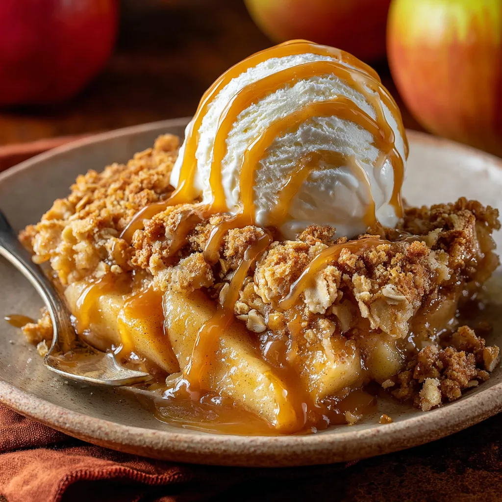 A plate of apple crumble with ice cream on top.