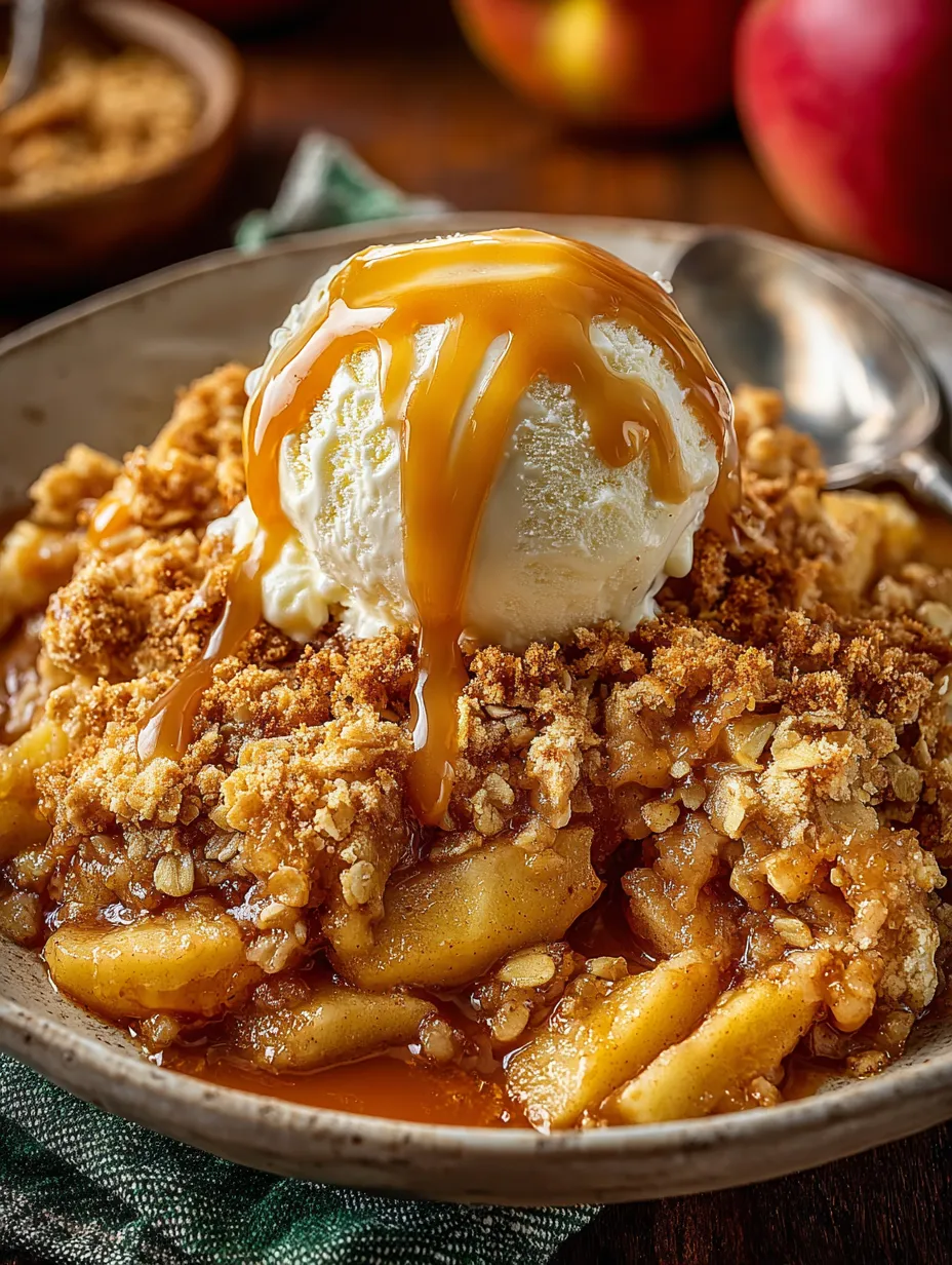 A bowl of apple crumble with ice cream on top.
