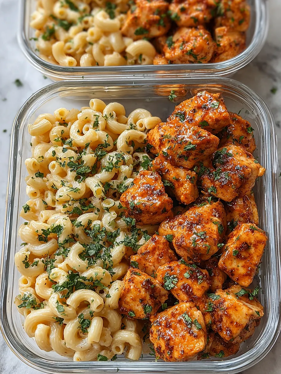 A dish of mac and cheese with chicken and honey garlic butter.