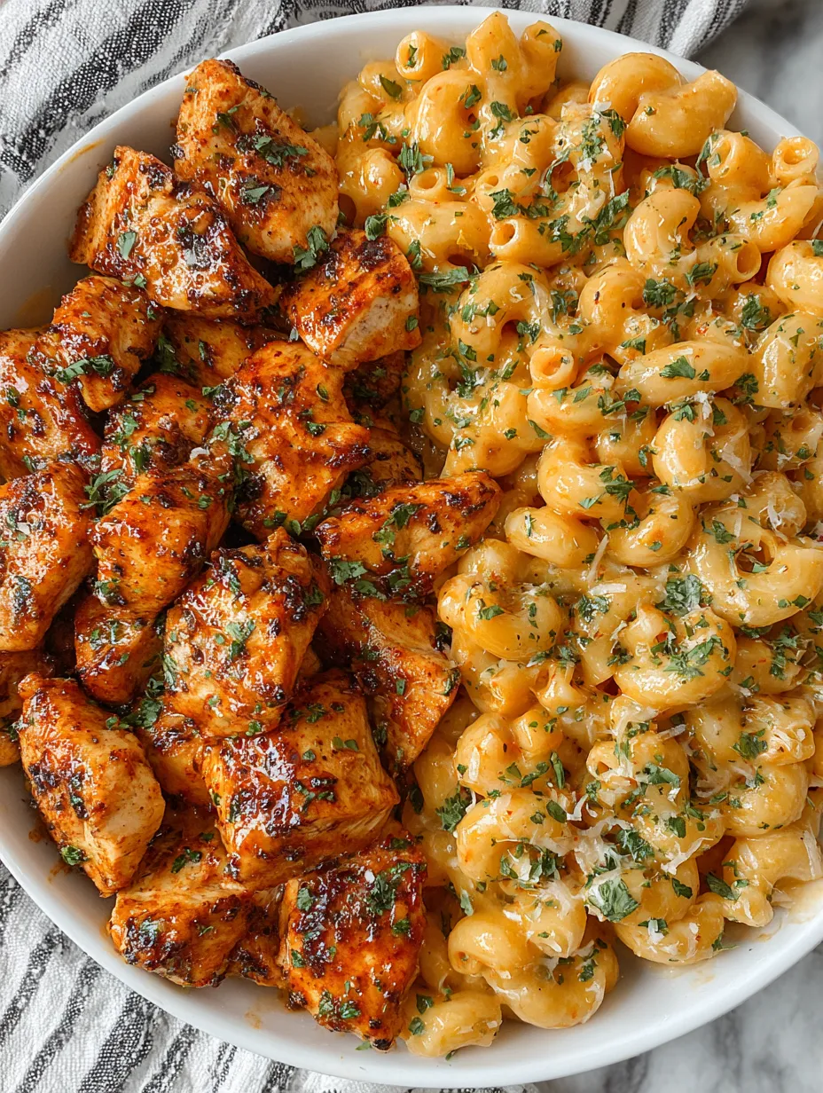 A bowl of chicken and mac and cheese.