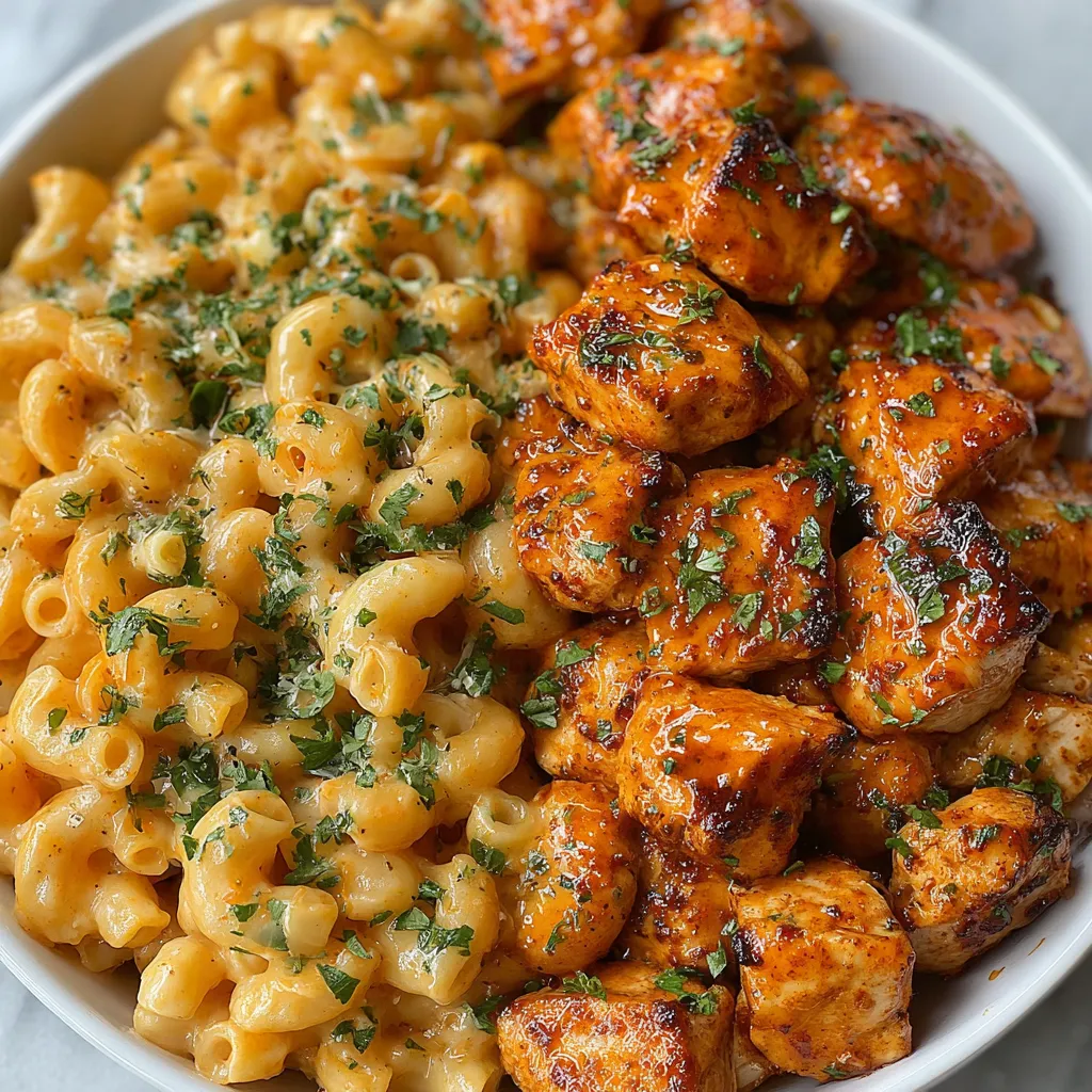 A plate of food with mac and cheese and chicken.