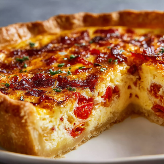 A slice of bacon onion tomato pie.