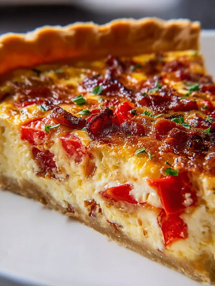 A slice of bacon onion tomato pie.