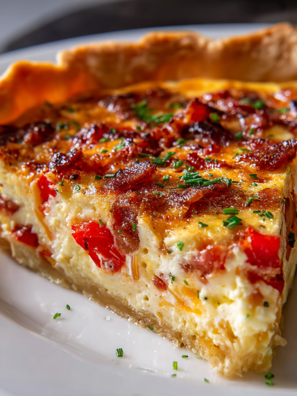 A slice of bacon onion tomato pie.