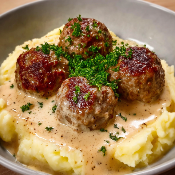 A bowl of meatballs and mashed potatoes.