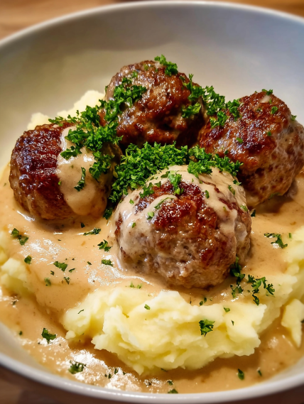 A plate of meatballs and mashed potatoes.