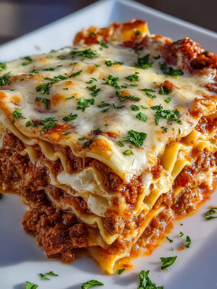 A plate of lasagna with cheese and herbs.