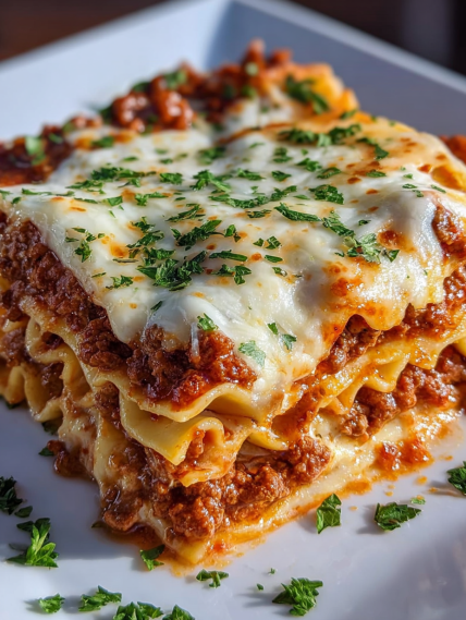 A plate of lasagna with cheese and herbs.