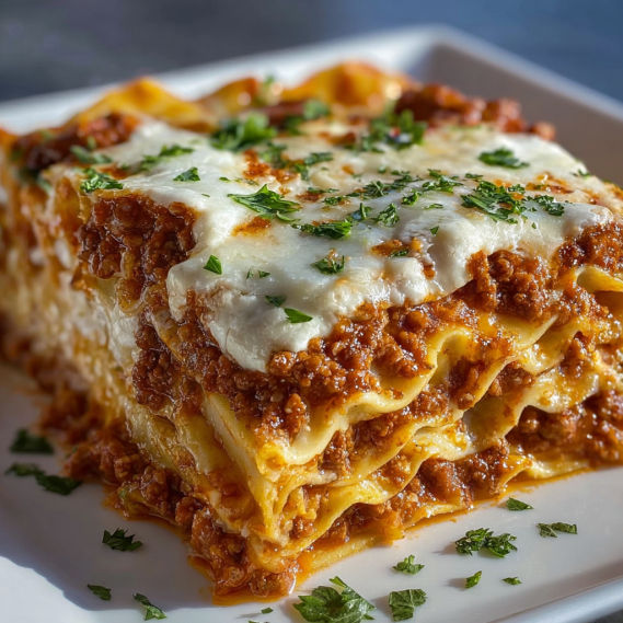 A plate of lasagna with cheese and green herbs.