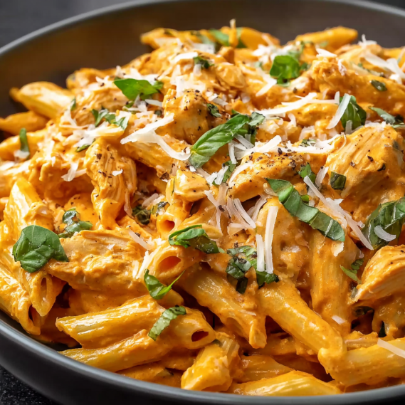 A bowl of pasta with cheese and chicken.