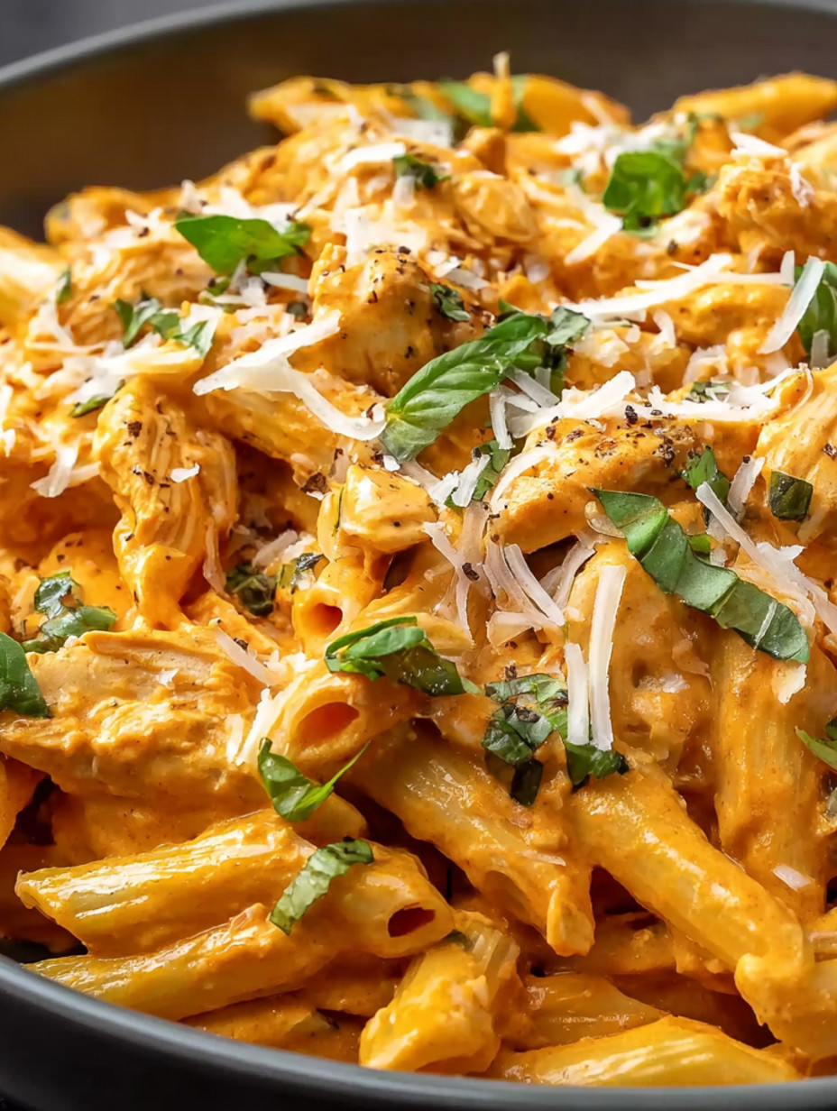 A bowl of pasta with chicken and cheese.