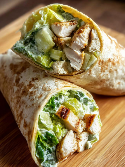 A chicken wrap with lettuce and cheese.