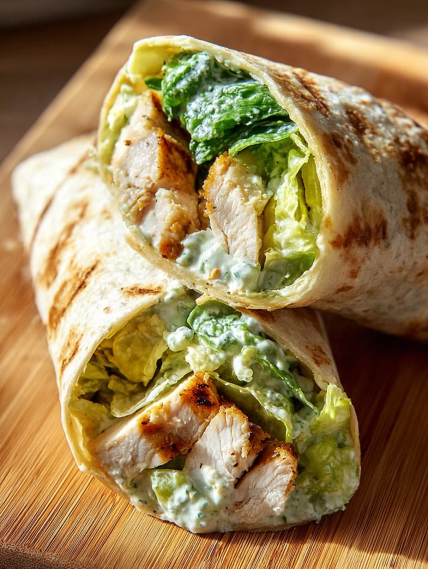 A chicken wrap with lettuce and sauce.