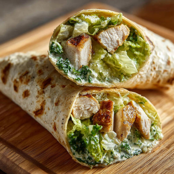 A chicken wrap with lettuce and cheese.