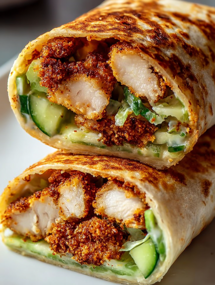 A chicken burrito with cucumber and cheese.