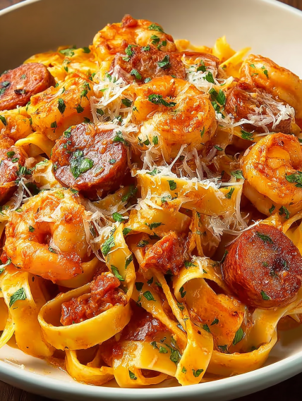 A plate of pasta with shrimp and sausage.