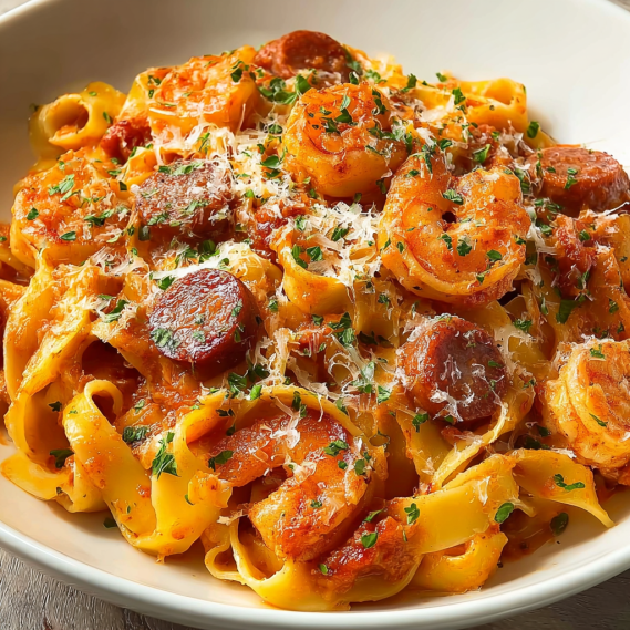 A bowl of pasta with shrimp and cheese.